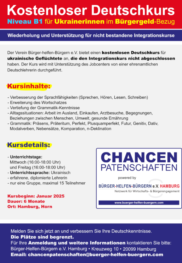 Kostenloser Deutschkurs Niveau B1 für Ukrainerinnen im Bürgergeld-Bezug - Wiederholung und Unterstützung für nicht bestandene Integrationskurse